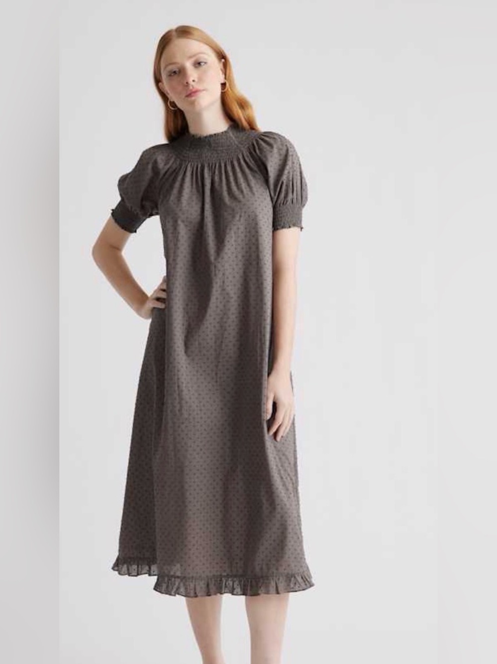 Quince Charcoal Gray Swiss Dot Smocked Midi 100% Cotton Puff Sleeve Large - Picture 3 of 11